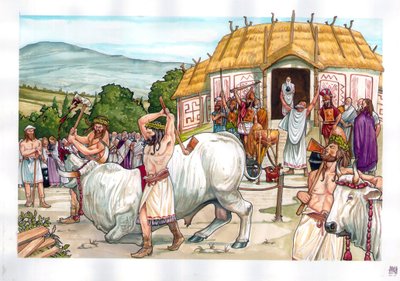 古代ローマ：イタリア、ローマ近郊のアルバーン山（Albanus monsまたはMonte Albano）にあるユピテル神殿での生贄の儀式。 作： ジョルジオ アルベルティーニ