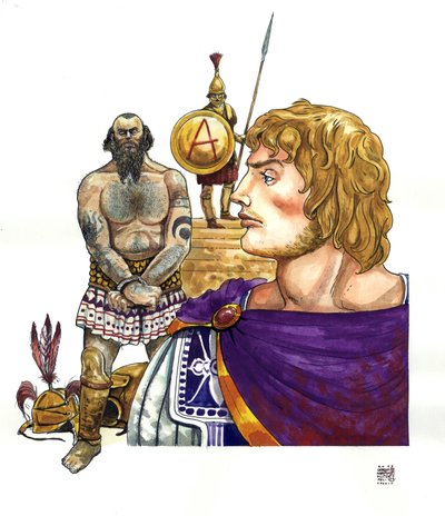 アンティキテ：マケドニアのアレクサンダー大王（紀元前356～323年）の王で、その背後には紀元前332年頃に艦隊を壊滅させたフェニキア海賊（カルタゴ人）がいた。 作： ジョルジオ アルベルティーニ