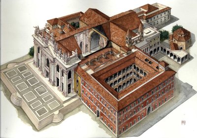 バロック建築：聖ヨハネ・ラテラノ大聖堂の再建（17～18世紀） ローマ イラスト：ジョルジョ・アルベルティーニ(この作者の作品の使用は許可申請の対象ではありません。 作： ジョルジオ アルベルティーニ