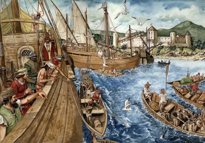アフリカのゴールドコースト（ガーナ）の植民地化：ポルトガルは1482年1月21日にギニー海岸に出発し、金と奴隷貿易を強化するためにサン・ジョルジェ・デ・ミナ（エルミナ）の砦を築いた。アフリカ沿岸を代表するポルトガルのキャラベル。イル 作： ジョルジオ アルベルティーニ