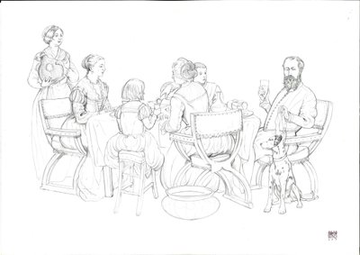 日常生活 ルネッサンス：ブルジョワ家族の食事風景 作： ジョルジオ アルベルティーニ