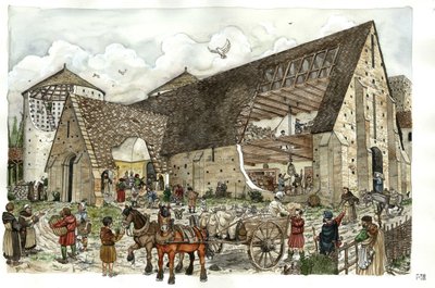 14世紀のフランスの修道院の納屋での食材、食料、食料品の配達、修道院の建物の構造を切り取ったもので、倉庫の活動や内部を見ることができる。 作： ジョルジオ アルベルティーニ