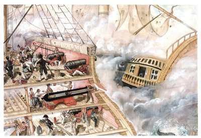 ナポレオン戦争：1805年10月21日、ヴィルヌーヴ提督の指揮するスペイン・フランス艦隊とネルソン副提督の指揮するイギリス艦隊との間で戦われたトラファルガーの海戦。内部を示す船の断面図。 作： ジョルジオ アルベルティーニ