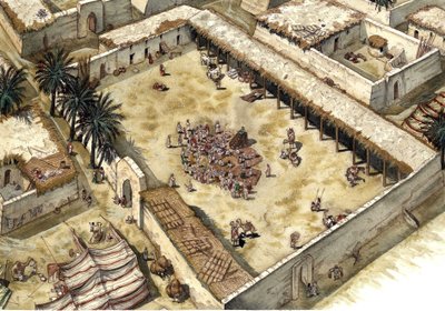 イスラム教預言者ムハンマド（ムハンマドまたはムハンマド）（570-632年）が622年にメディネに到着した後、最初のイスラム教徒（ヘギラ）に同行した家（サウジアラビア）。 顔を隠した預言者が見える。ジョルジョ・アルベルティーニによるイラスト。(この 作： ジョルジオ アルベルティーニ