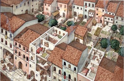 中世：住居の航空写真、13世紀のイタリア、フィレンツェの住居内部の断面図。 作： ジョルジオ アルベルティーニ
