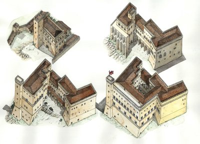 中世：12世紀から15世紀にかけてのバチカン宮殿（ヴァチカーノ）の様々な建設段階の航空写真。ローマ イタリア 作： ジョルジオ アルベルティーニ