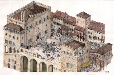 中世：14世紀のイタリア、グッビオ（ウンブリア州）の中央広場の航空写真。左側に領事宮殿が見える。 作： ジョルジオ アルベルティーニ