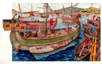 中世：ピサの港での商業活動、船の積み込み。イタリア 13世紀 作： ジョルジオ アルベルティーニ