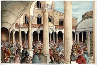 中世：フィデレス、ペレラン、商人、ローマ人は、13世紀にローマ帝国の古代ローマ聖ペテロ大聖堂（サン・ピエトロ大聖堂またはコンスタンティヌス大聖堂）のペリスタイル（入り口）で表現された。 作： ジョルジオ アルベルティーニ