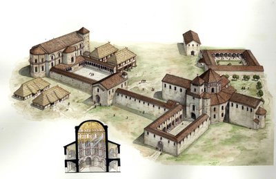 中世：概要と、794年頃にドイツのアーヘンで建築家オイデス・ド・メッツによって実現されたカール大帝の宮殿（742～814年頃）を復元した断面図。ジョルジョ・アルベルティーニによるイラスト。(この著者の作品の使用は 作： ジョルジオ アルベルティーニ