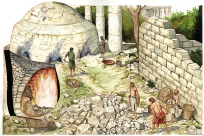 中世：石灰窯（ショフール）の復元、石灰石を扱う労働者たち。イラスト：ジョルジョ・アルベルティーニ。(この著者の著作物の使用は、第三者からの許可申請や追加料金の支払いを条件としない）。 作： ジョルジオ アルベルティーニ