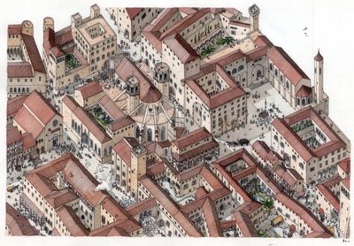 中世：14世紀にバルセロナの歴史的なBarri Gotic（barrio gotico）地区が再建された。サント・エウラリエ聖堂が見える。スペイン イラスト：ジョルジョ・アルベルティーニ。(この作者の著作物の使用は、著作権法で禁じられている。 作： ジョルジオ アルベルティーニ