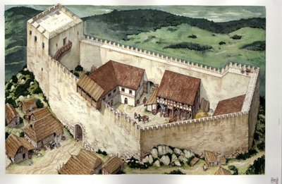 中世：フランス、アリエージュにあるモンセギュールのカタリ派の城（13世紀に完成）の復元。 作： ジョルジオ アルベルティーニ