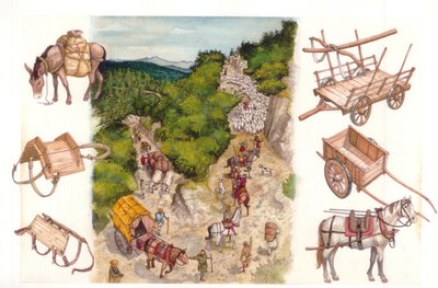 中世：さまざまなタイプの陸上輸送、物資の移動を表す。 作： ジョルジオ アルベルティーニ