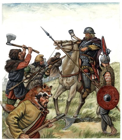 中世：ロンセスヴォーの戦い（スペイン・バスク地方）の光景。778年、カール大帝の軍団のフラン騎手がムーア人と戦う。8世紀 ジョルジョ・アルベルティーニのイラスト。 作： ジョルジオ アルベルティーニ