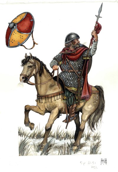 中世：カロリング朝重騎兵の兵士。8世紀 作： ジョルジオ アルベルティーニ