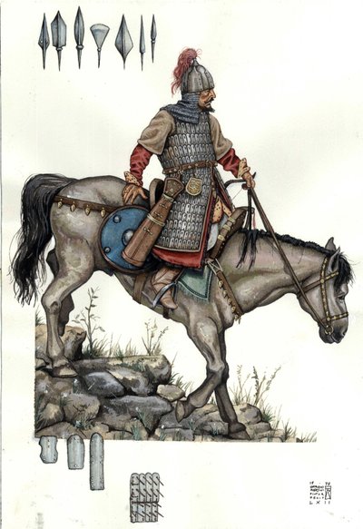 中世：ハンガリー重騎兵の兵士。9世紀 作： ジョルジオ アルベルティーニ