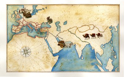 中世：ヨーロッパを横断する主要道路（ローマ街道）、剥皮道路（エルサレム）、中国へのシルクロード。 作： ジョルジオ アルベルティーニ
