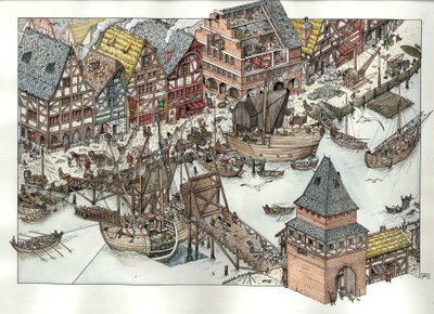 中世：バルト海に面したリューベックの港周辺の商業活動の様子。14世紀。ドイツ 作： ジョルジオ アルベルティーニ