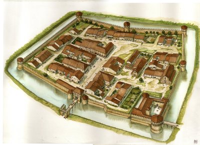 中世：15世紀末の要塞都市バーニャーラ・ディ・ロマーニャの眺め。イタリア 作： ジョルジオ アルベルティーニ
