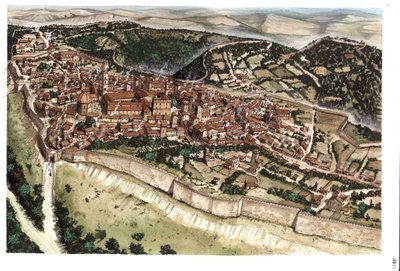 中世：城壁に囲まれた14世紀の中世都市ヴォルテッラの眺め。トスカーナ。イタリア Giorgio Albertiniによるイラスト。(この著作物の使用は、第三者からの許諾申請、または 作： ジョルジオ アルベルティーニ