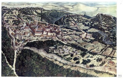中世：城壁に囲まれた10世紀の中世都市ヴォルテッラの眺め。トスカーナ。イタリア Giorgio Albertiniによるイラスト。(この著作物の使用は、第三者からの許諾申請、または 作： ジョルジオ アルベルティーニ