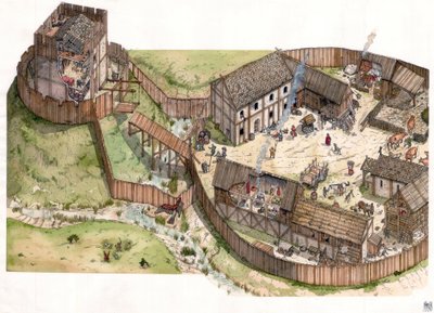中世：川縁に建てられた村、木造の城壁と要塞化された塔。11世紀 作： ジョルジオ アルベルティーニ
