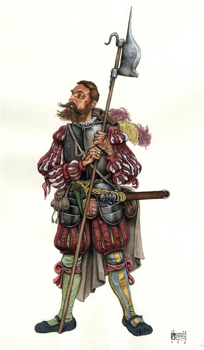 領主に仕えるドイツ人傭兵ランスクネヒトの図。16世紀 作： ジョルジオ アルベルティーニ