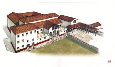 Roman Antiquite：4世紀、イタリア、オスティア・アンティカ（古代オスティア）のマリン・ポルト・ドムス（domus di porta marina）遺跡の復元。 作： ジョルジオ アルベルティーニ