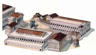 古代ローマ：アウグストゥス帝（カイウス・ユリウス・カエサル・オクタヴィアヌス・アウグストゥス）の時代（紀元前63年～紀元後14年）のローマ広場（フォロ・ロマーノ）の再建。 作： ジョルジオ アルベルティーニ