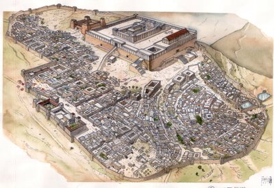 古代ローマ時代：エルサレム市街の再建、神殿はローマ軍の駐屯地であったアントニア要塞の横にあり、街を支配している。イスラエル。 作： ジョルジオ アルベルティーニ
