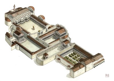 古代ローマ：紀元後3世紀のトラヤヌスの広場（フォロ・ディ・トライアーノ）の再建、ローマ。イタリア。 作： ジョルジオ アルベルティーニ