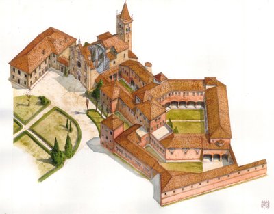 ロマノゴシック美術：イタリア、ミラノ近郊のサン・ジュリアーノ・ミラネーゼに1176年から1348年にかけて建てられたヴィボルドーネ修道院の建造物の航空写真 イラスト：ジョルジョ・アルベルティーニ(この著作者の著作物の使用は許可申請の対象ではありません 作： ジョルジオ アルベルティーニ