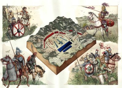 ビザンツとオストロゴスのゴート戦争（535年～553年）：552年7月のタギネーの戦いで、ユスティニアヌスのビザンツ軍がラヴェンナからローマに進軍。 作： ジョルジオ アルベルティーニ