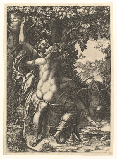アンジェリカとメドーロ、抱き合うカップル、メドーロの樹皮に名前を刻む...、ca。 1570。 作： Giorgio Ghisi