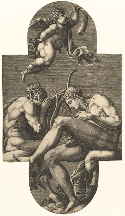 アポロ、パン、角笛を吹くプット、1560 年代のフランス以降の一連の 8 つの作品から。 作： Giorgio Ghisi
