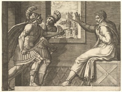 刑務所にいるカイウスマリウス、1560年から69年に彼の独房に入る2人のシンブリアン兵士。 作： Giorgio Ghisi