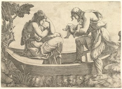 ダナエと幼児のペルセウスは、1543年にアクリシウスによって海に追い出されました。 作： Giorgio Ghisi