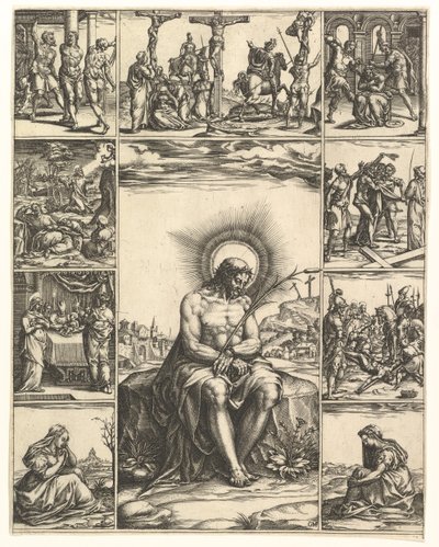 男の悲しみ、1575年までに9つのビネットに囲まれたキリストの像。 作： Giorgio Ghisi