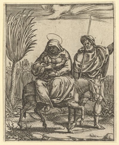 悲しみの聖母：エジプトへの逃避、1575年までに...からの9つの周囲の区画の1つ。 作： Giorgio Ghisi