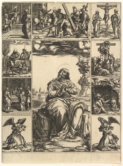 悲しみの聖母、9つのビネットに囲まれた聖母マリアのイメージ...、ca。 1575年。 作： Giorgio Ghisi
