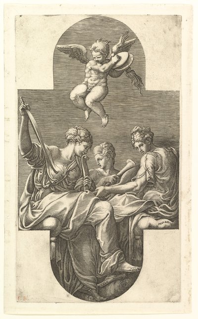 3つのミューズとシンバルのプット、十字形の構成、8つのシリーズ、1560年代の作品。 作： Giorgio Ghisi