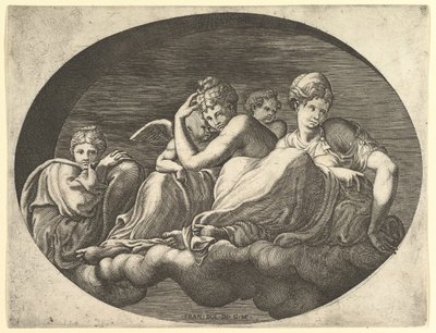 金星とキューピッド、他の2つの女神、プット。1560年代以降の一連の8つの作曲。 作： Giorgio Ghisi