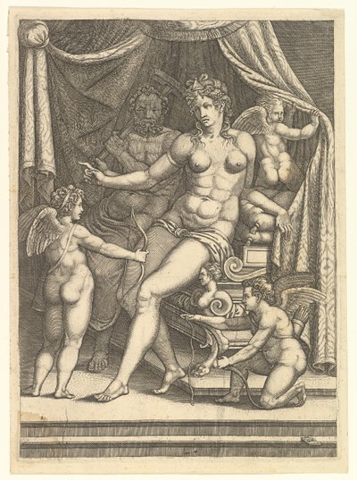 1550年代半ば、ベッドと3つのプッティに座ったヴィーナスとバルカン。 作： Giorgio Ghisi