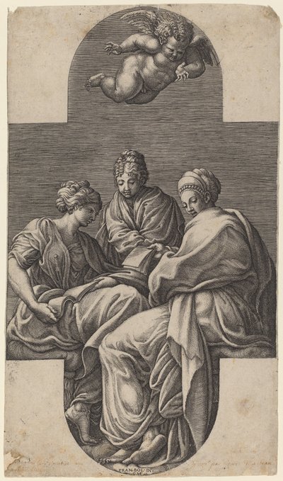 3 つのミューズと身振りのプット 作： Giorgio Ghisi after Francesco Primaticcio