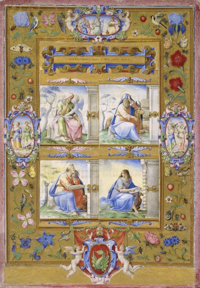 花、鳥、昆虫の境界内の4人の伝道者、1572年 作： Giorgio Giulio Clovio