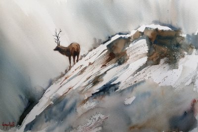 冬の山に立つエルク 作： 