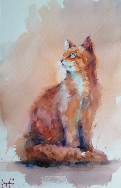 オレンジ色の水彩画の猫 作： 