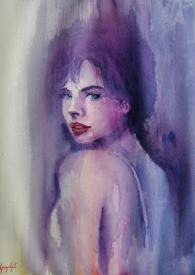 紫の水彩画の女性 作： 