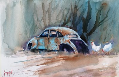 素朴な車とニワトリ 作： Giorgio Gosti